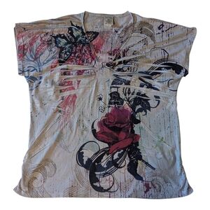 NWOT 90s Ransom Artistic Graffiti Rose Butterfly SS Stretch Top Women's 1X*